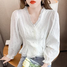 Korean Fashion Lace Blouse Women V Neck White Short Ladies Tops Sweet Puff Sleeve Autumn Button Chiffon Blusas Elegantes Clothes
Korean Fashion Lace Blouse Women V Neck White Short Ladies Tops Sweet Puff Sleeve Autumn Button Chiffon Blusas Elegantes Clothes
