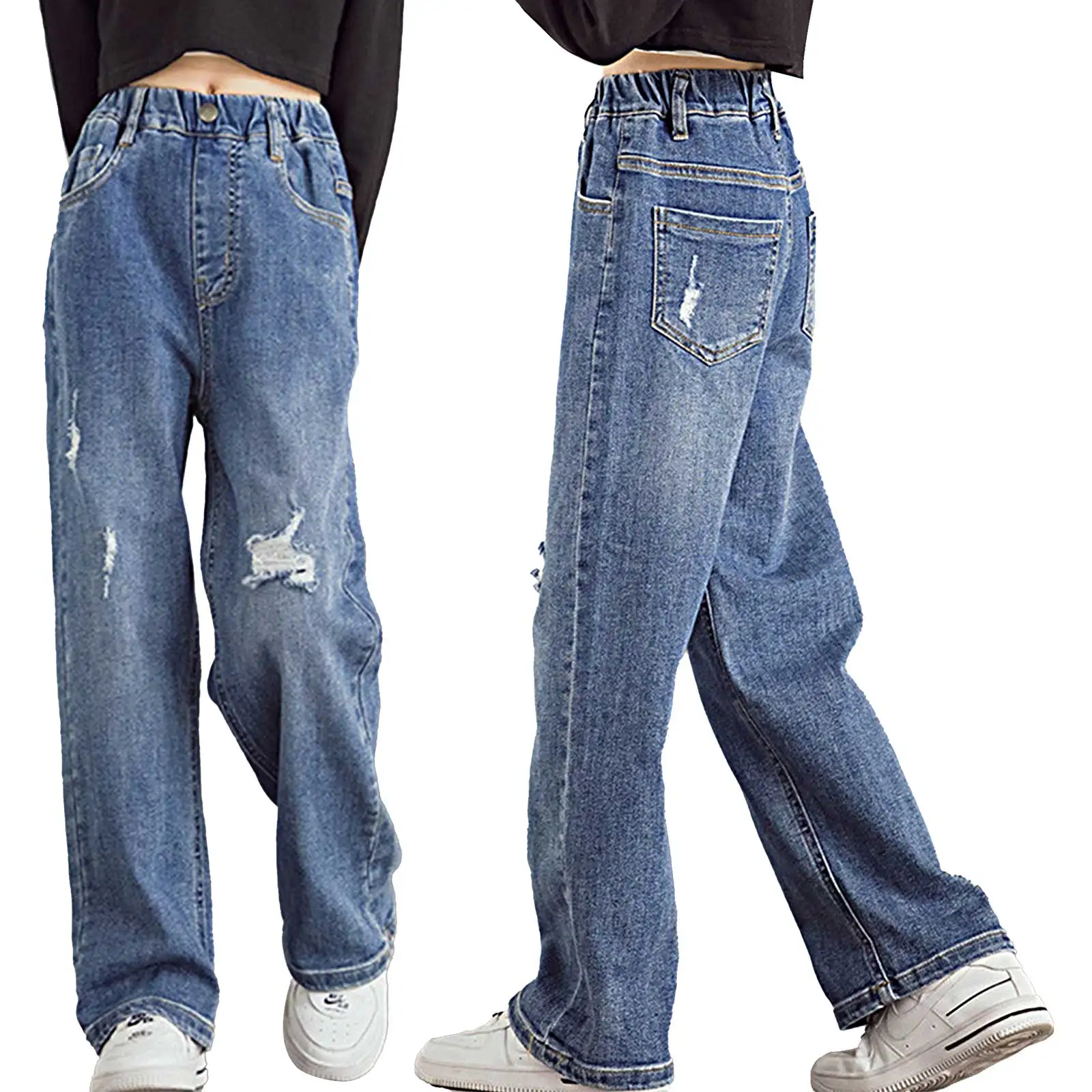 

Teenage Girls Ripped Jeans With Hole Casual Loose Kids Leg Wide Denim Pants School Children High Waist Trousers 6 8 10 12 14Year