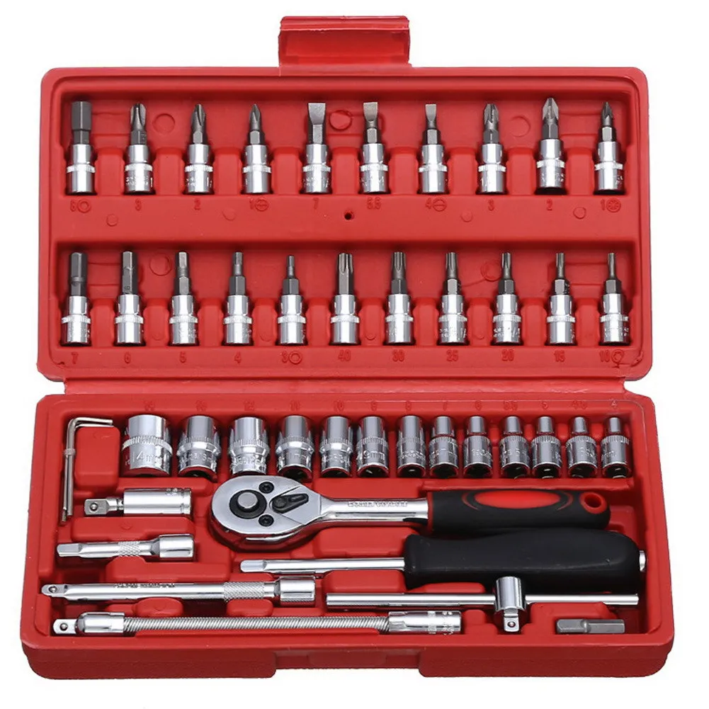 46pcs Car Repair Tool Set 1/4-Inch Socket Set Ratchet Torque Wrench Combo Tools Kit Auto Repairing Tool
46pcs Car Repair Tool Set 1/4-Inch Socket Set Ratchet Torque Wrench Combo Tools Kit Auto Repairing Tool