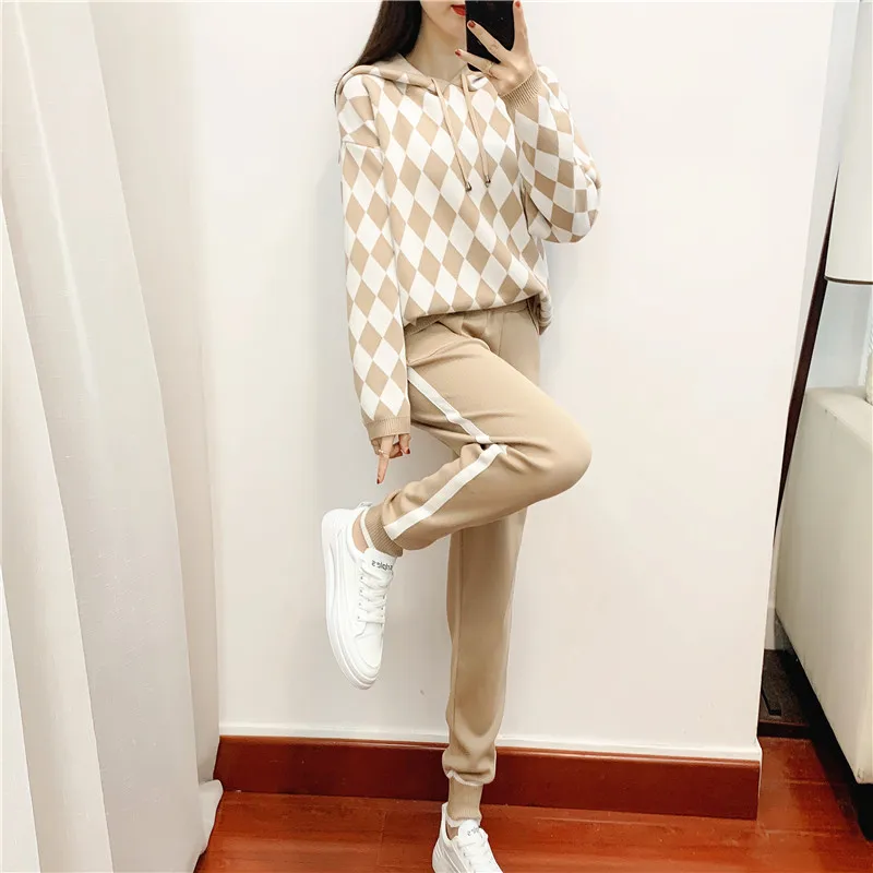 

Knitted Carrot Pant 2 Piece Sets Argyle Cropped Hooded Women Sweater + Big Pocket Harem Pants Two Piece Women Tracksuits