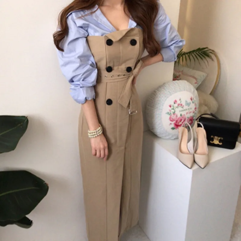 Chic Elegant Women 2 Piece Set Simple Turn-Down Collar Shirt + Fashion Double Breasted Strapless Dress Spring Lady Casual Suit
Chic Elegant Women 2 Piece Set Simple Turn-Down Collar Shirt + Fashion Double Breasted Strapless Dress Spring Lady Casual Suit