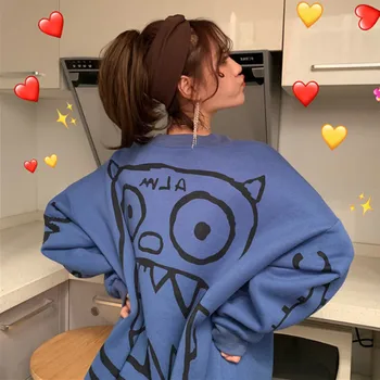 Korean version of loose graffiti little monster and velvet hoodie women new autumn/winter 2019 top round collar versatile coat 
Korean version of loose graffiti little monster and velvet hoodie women new autumn/winter 2019 top round collar versatile coat