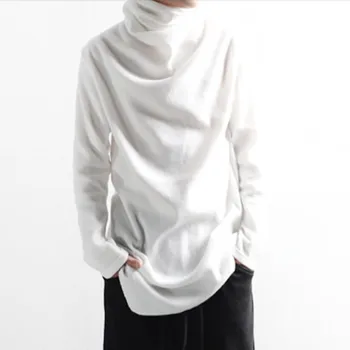 남성 티셔츠 봄 가을 신상 무지 터틀넥, 루즈핏 불규칙한 긴팔 티셔츠 트렌드, 한국 버전