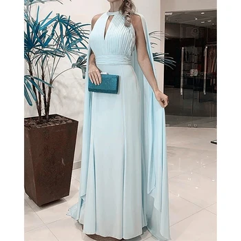 Elegant A Line Chiffon Evening Dress With Long Shawl Arabic Dubai Light Blue Backless Prom Dress Wedding Maid of Honor Gown 2021 
Elegant A Line Chiffon Evening Dress With Long Shawl Arabic Dubai Light Blue Backless Prom Dress Wedding Maid of Honor Gown 2021