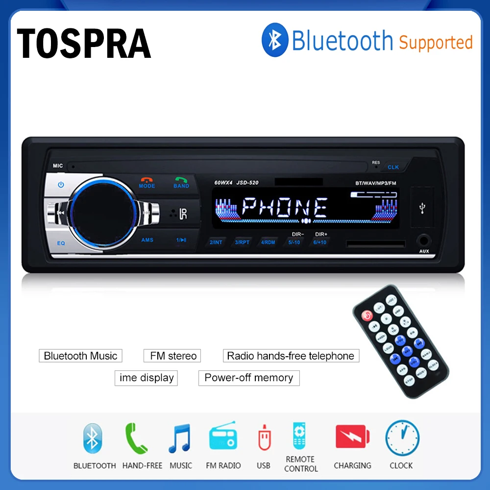 

TOSPRA Bluetooth Autoradio Car Stereo Radio FM Aux Input Receiver SD USB JSD-520 12V In-dash 1 din Car MP3 Multimedia Player