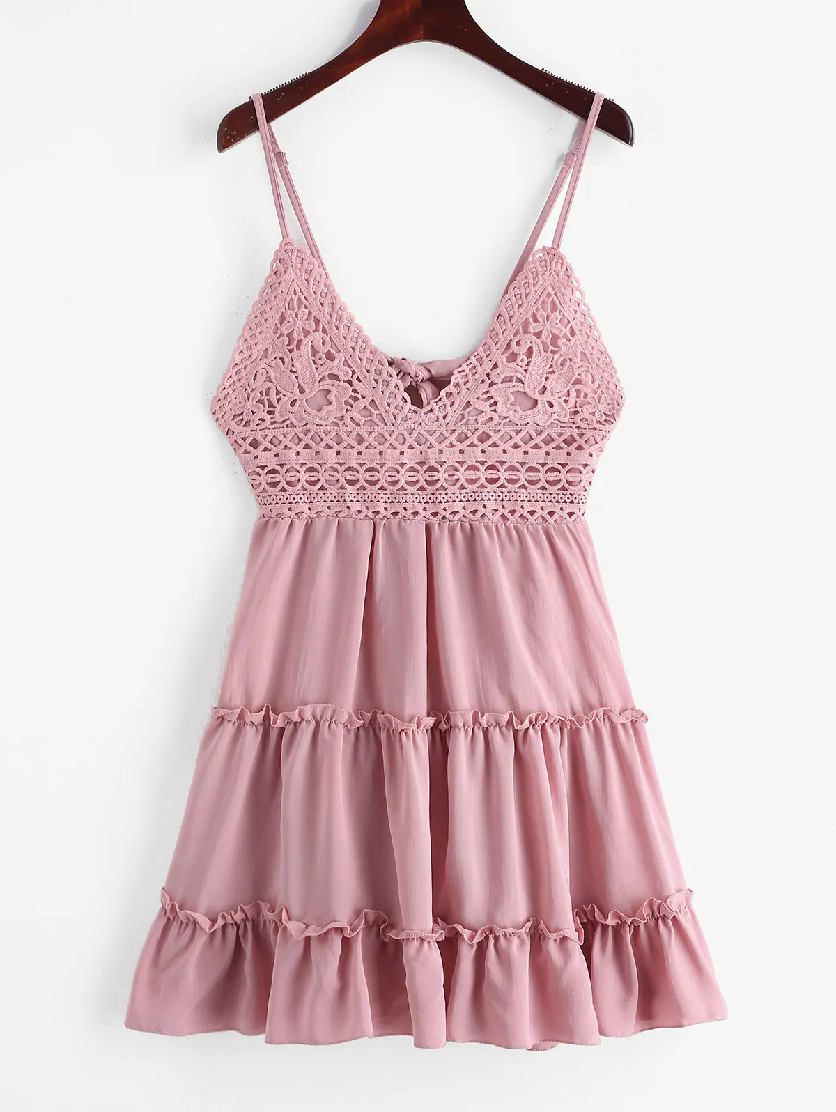 

ZAFUL Sexy Crochet Cami Flare Dress Ruffle Knotted Back Summer Women Dresses Female Clothes Vacation Mini Strap Tie A-Line Dress