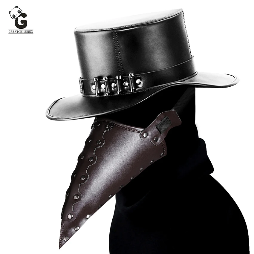 

Plague Doctor Masks Adult Steam Punks Scary Horror PU Steampunks Flat Gentleman Hat Halloween Cosplay Beak Mask Carnival Party