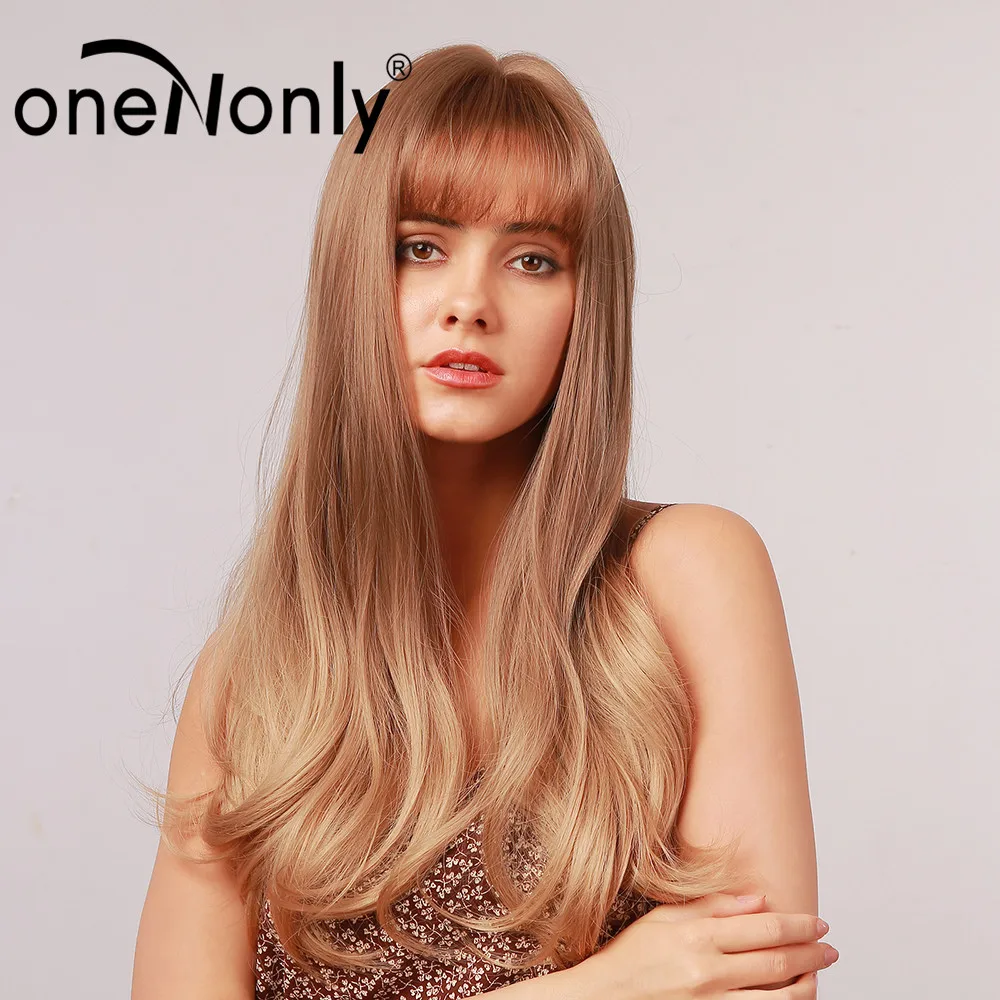 

oneNonly Ombre Synthetic Wigs Golden Blonde Long Natural Wave Hair Wig with Bangs Wigs for Black Women Glueless Heat Resistant