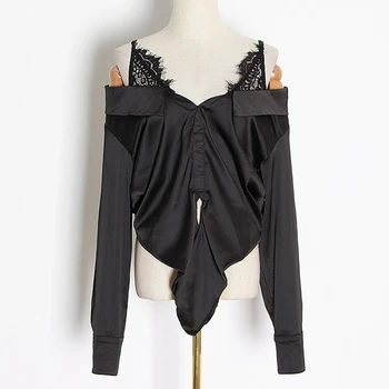 Women Satin Off Shoulder Blouse Long Sleeve Lace Strap Asymmetrical Shirt Tops 
Women Satin Off Shoulder Blouse Long Sleeve Lace Strap Asymmetrical Shirt Tops