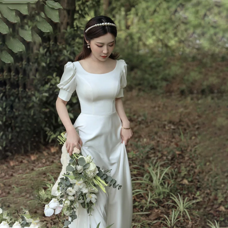 Women Short Puffy Sleeve Long Evening Party Dress Wedding Gown Ladies New Elegant Satin Dresses
Women Short Puffy Sleeve Long Evening Party Dress Wedding Gown Ladies New Elegant Satin Dresses