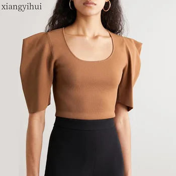Fashion Streetwear Women Summer U Collar Puff Sleeve Slim T shirt Tops Sexy Vintage Low Bust Knitted T-shirt Black White Brown
Fashion Streetwear Women Summer U Collar Puff Sleeve Slim T shirt Tops Sexy Vintage Low Bust Knitted T-shirt Black White Brown