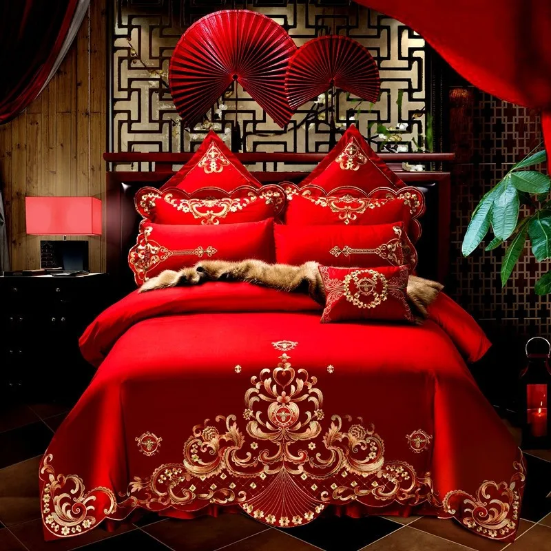 

4/6/PCS Luxury Happiness Wedding Red Wedding Bedding King Queen 100%Cotton Chinese Embroidery Duvet Cover Bed Sheet Pillowcases