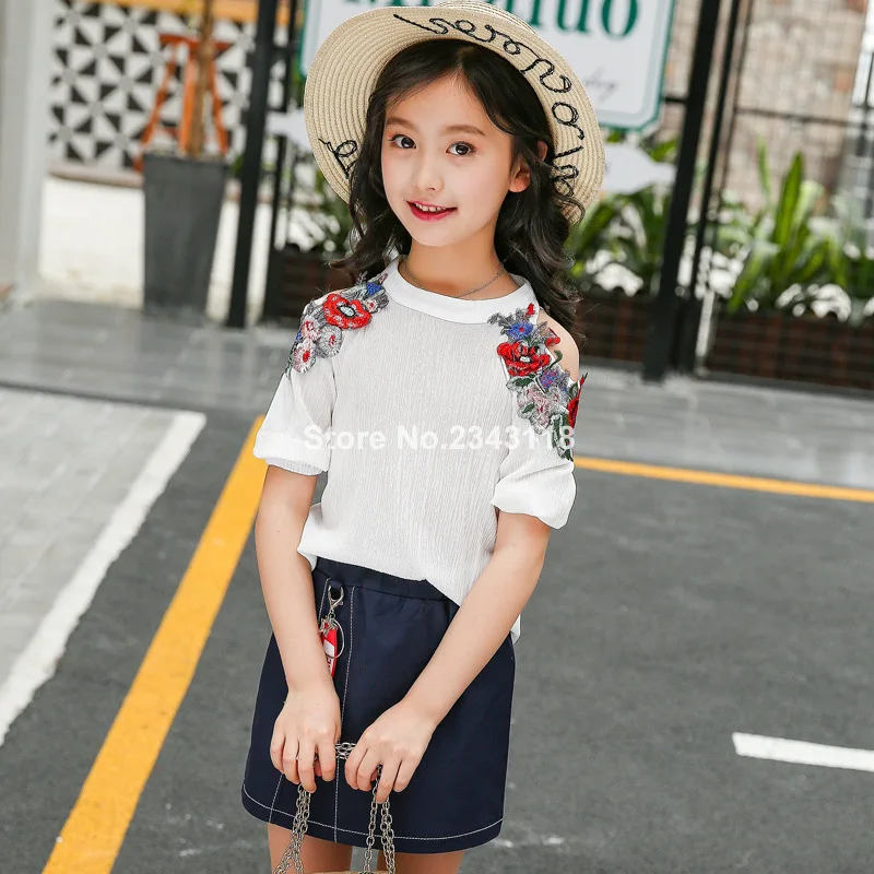 Girls Summer Suit Shoulder Embroidered Chiffon Blouse + Denim Skirt Two Piece Girl Skirt Summer Two Piece Sets White Pink Color
Girls Summer Suit Shoulder Embroidered Chiffon Blouse + Denim Skirt Two Piece Girl Skirt Summer Two Piece Sets White Pink Color