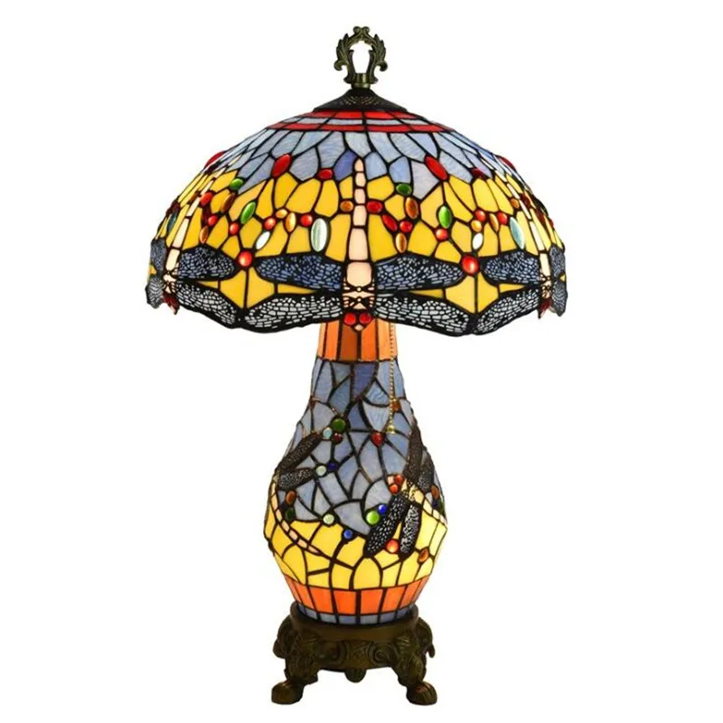 

European Tiffany Foyer Table Lamp Mediterranean Sea Dragonfly Glass Large Desk Light Apartment Country Lighting Fixture 1231