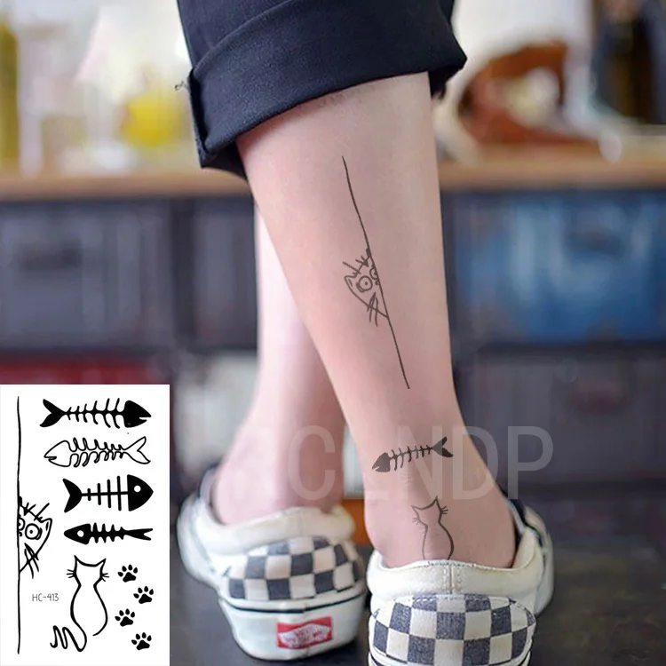 Водостойкая Временная тату-наклейка в виде рыбьей кости дизайн кошачьей лапы
