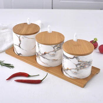 Nordic Marble Texture Ceramic Seasoning Jar Three-piece Suit Household Spice Box Kitchen Supplies Oil Salt Can Wood Tray with Ce 
Nordic Marble Texture Ceramic Seasoning Jar Three-piece Suit Household Spice Box Kitchen Supplies Oil Salt Can Wood Tray with Ce