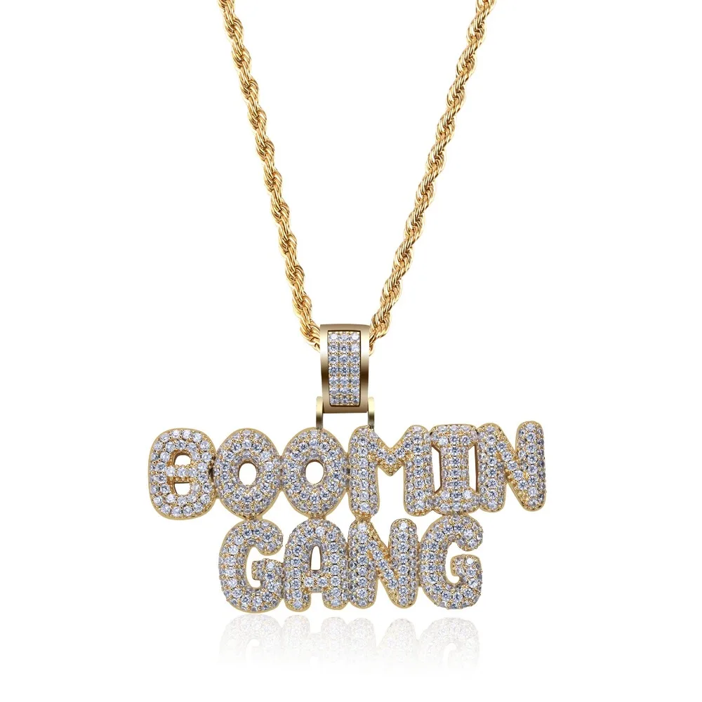 

18k Gold Plated Lab Diamond Necklace Iced Out Letter BOOMIN GANG Pendent Hip Hop Chain for Men Women