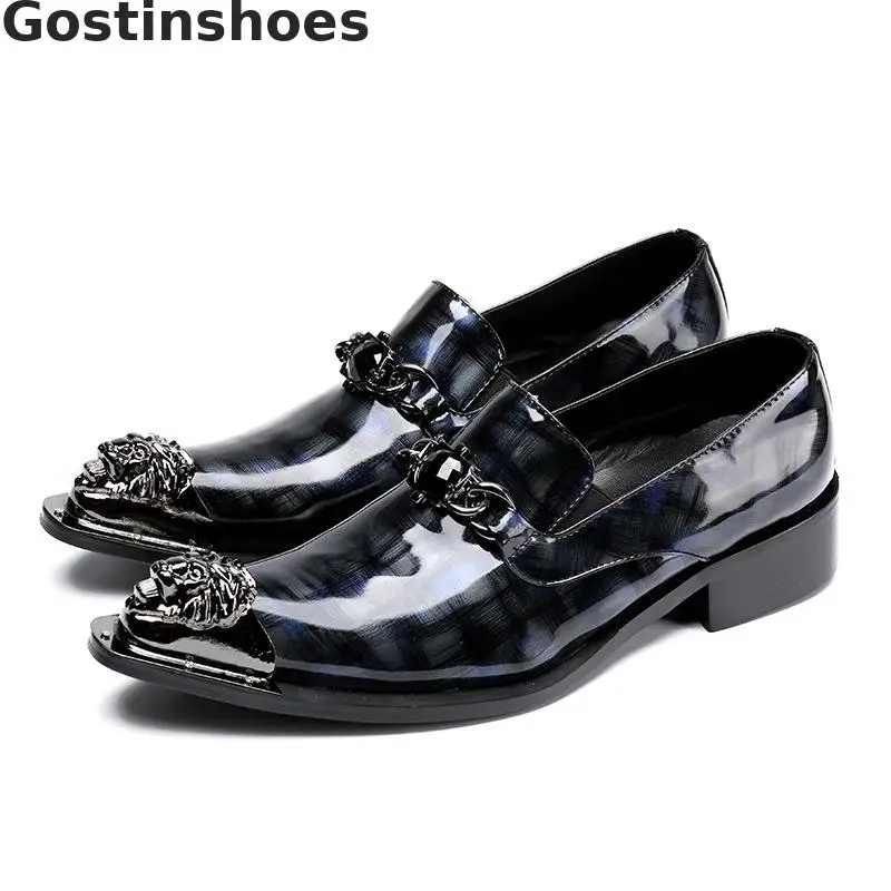 Dark Blue Men Loafers Genuine Leather Men Casual Leather Shoes Slip-on Metal Capped Toe Pointed Men Shoes Rubber Outsole