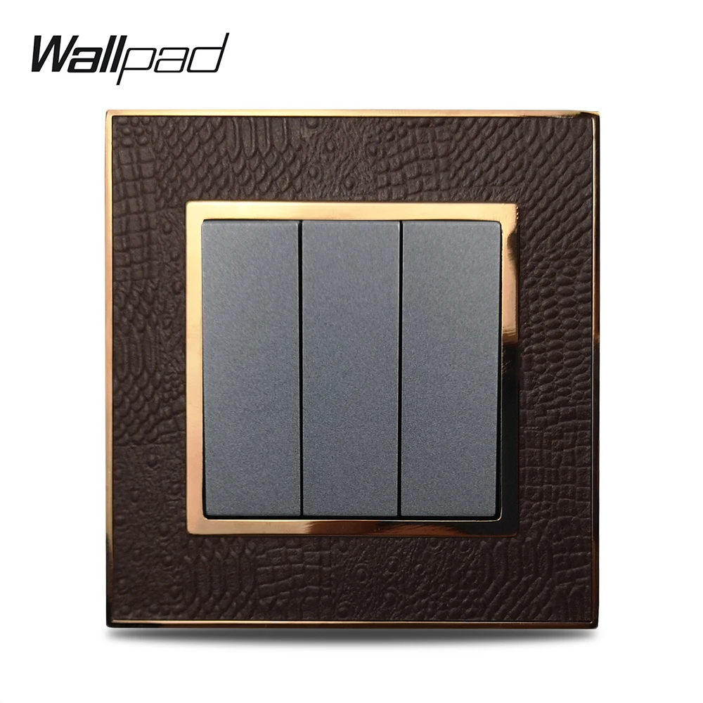 Hot Sale 3 Gang Momentary Contact Wallpad Luxury Leather Panel Silver Gold Frame Light Switch Rocker Wall Switches AC110~250V