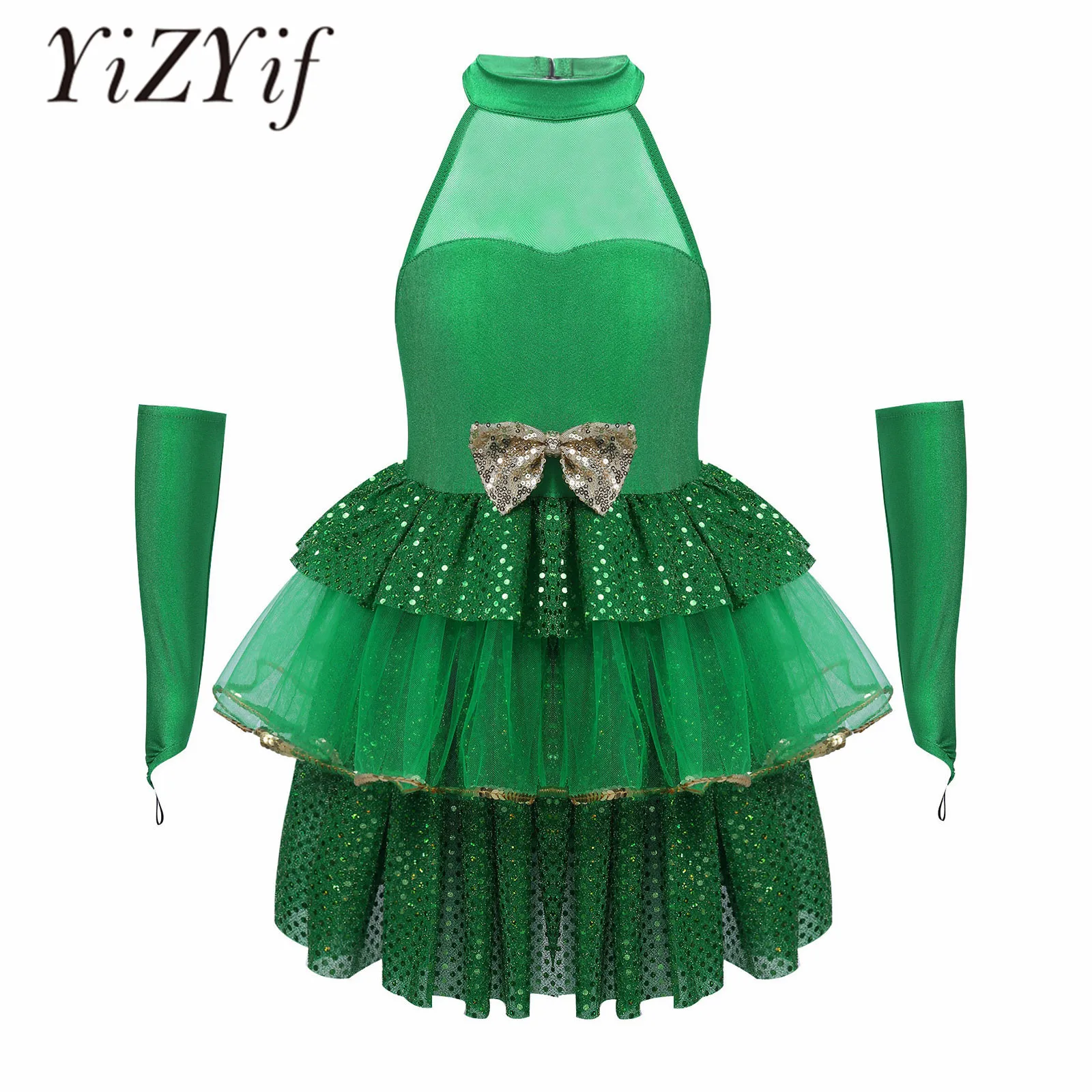

YiZYif Christmas Outfit Girls Sparkly Sequins Holiday Elf Costume Xmas Christmas Costume Children Dress with Arm Sleeves Sets