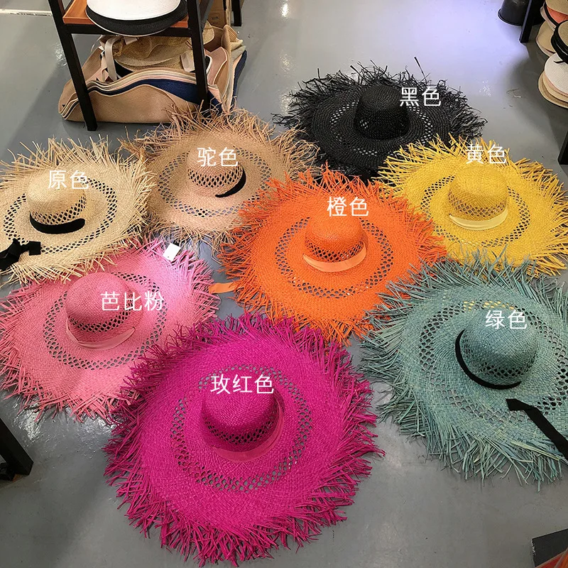 

2024 Fashion Color Handemade Wide Brim Straw Raffia Hat New Women Chapeu Feminino Summer Sun Hats Holiday Beach Cap Wholesale