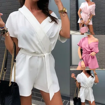2020 Elegant Office Ladies Jumpsuit Solid Tied Waist Playsuits Casual Sashes Short Sleeve V neck Sexy Shorts Female Overalls
2020 Elegant Office Ladies Jumpsuit Solid Tied Waist Playsuits Casual Sashes Short Sleeve V neck Sexy Shorts Female Overalls