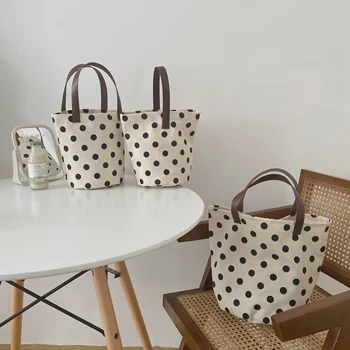 

Canvas Tote Bag Large Simple Bucket Bag French Chic Polka Dots Handbag Retro Teenager Daily Shopping Bag 2020