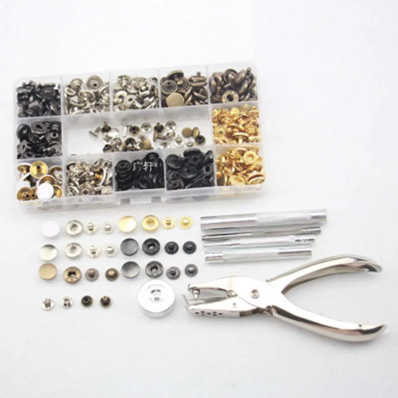 146 metal snap button sets with 4 fixing tools and 1 snap button for leather, wallet and clothes punch
146 metal snap button sets with 4 fixing tools and 1 snap button for leather, wallet and clothes punch