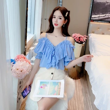 COIGARSAM Ruffles blouse women New Summer Short Sleeve Spaghetti Strap blusas womens tops and blouses White Blue 6140
COIGARSAM Ruffles blouse women New Summer Short Sleeve Spaghetti Strap blusas womens tops and blouses White Blue 6140