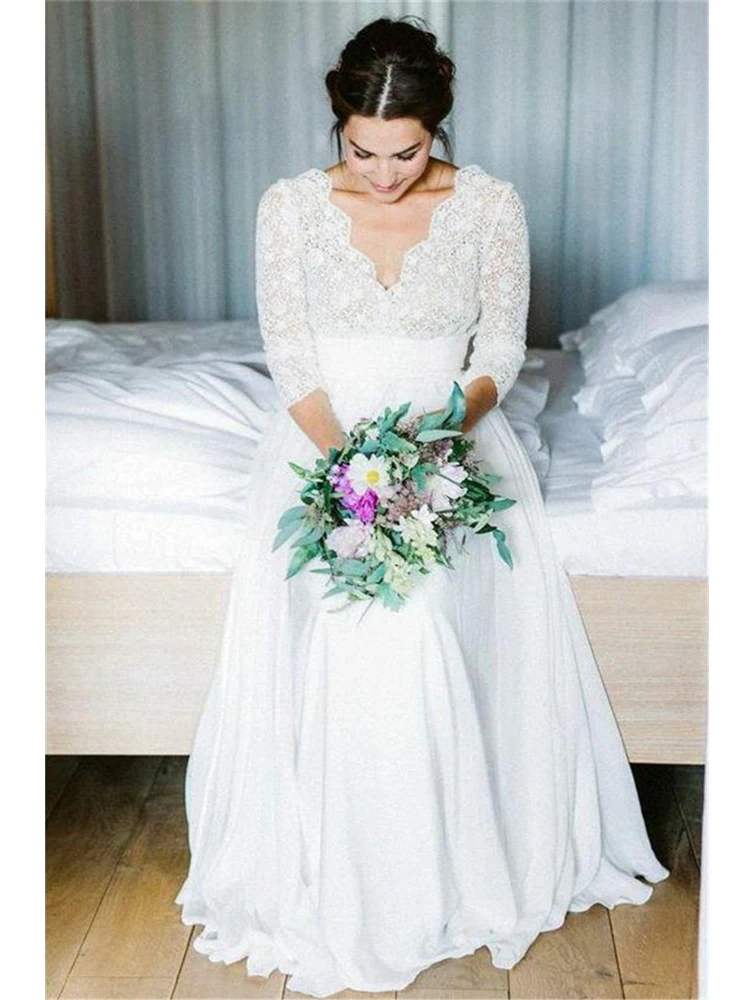 casamento gelinlik Boho Lace Chiffon Wedding Dresses Sexy Open Back Bride Wedding Gowns Long Sleeves Bohemia Beach Wedding Dress (2)