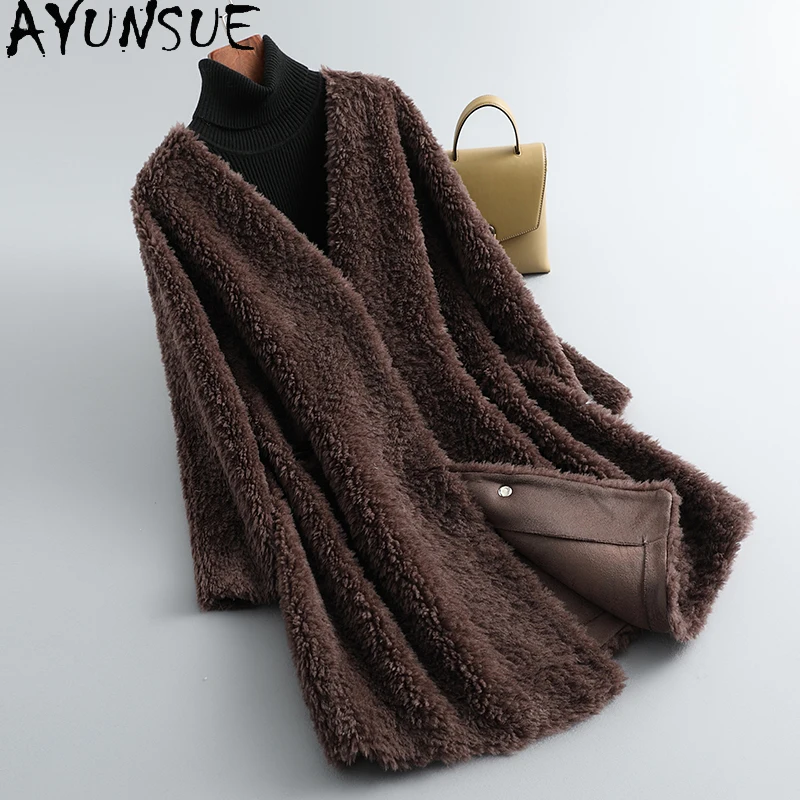 

AYUNSUE Real Sheep Shearling Black Coat Female Winter 2021 Women's Fur Coats Casaul Wool Jackets Korean Casaco Feminino Gxy315