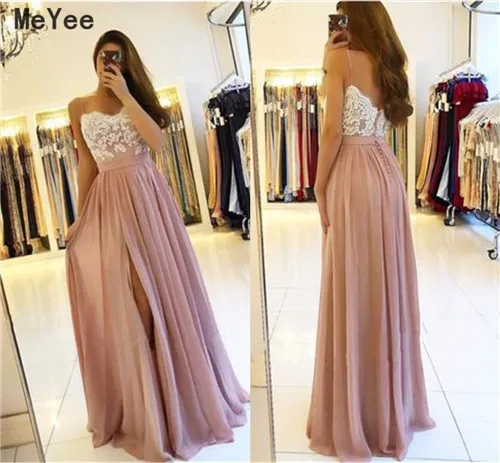 2020 Long Pink Chiffon Prom Dresses Lace Top Spaghetti Strap Backless Side Split Formal Evening Party Gowns vestido de noche
2020 Long Pink Chiffon Prom Dresses Lace Top Spaghetti Strap Backless Side Split Formal Evening Party Gowns vestido de noche
