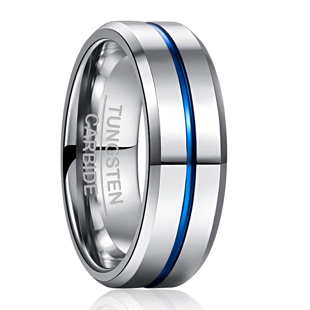 

NUNCAD 8MM Width Tungsten Carbide Ring 2.3MM Thick Steel Full Polished Blue Groove Angled Tungsten Steel Men's Wedding Rings