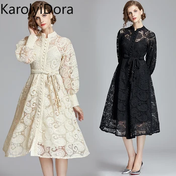 Attached Belt Hollow Out Vintage Lace Midi Long Dress 2020 Spring Women Long Lantern Sleeve Single-Breasted Button Party Dress 
Attached Belt Hollow Out Vintage Lace Midi Long Dress 2020 Spring Women Long Lantern Sleeve Single-Breasted Button Party Dress