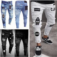 

Men’ Stretchy Ripped Slim Fit Biker Embroidery Appliques Jeans Destroyed Hole Skinny Taped Scratched High Quality Denim Pants