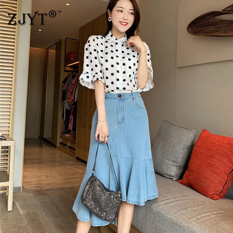 High Fashion Women Summer Skirt 2Piece Set 2020 New Designers Polka Dot Print Blouse and Denim Skirt Suit Set Casual Twinset
High Fashion Women Summer Skirt 2Piece Set 2020 New Designers Polka Dot Print Blouse and Denim Skirt Suit Set Casual Twinset