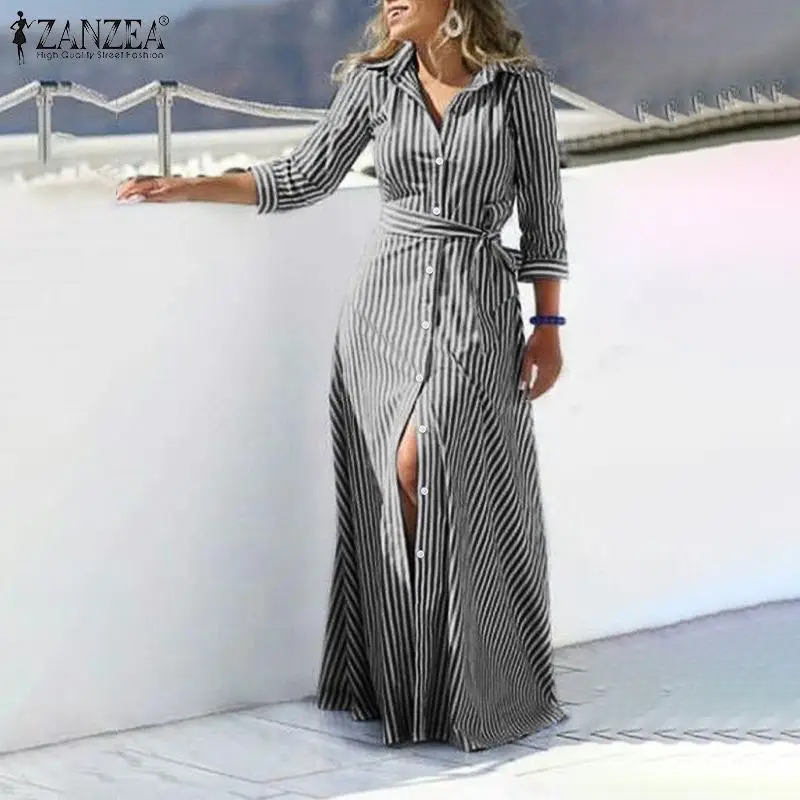 

ZANZEA Fashion Autumn Long Sleeve Buttons Maxi Long Dress Elegant Women Lapel Neck Striped Dress Sundress Shirt Vestidos Femme