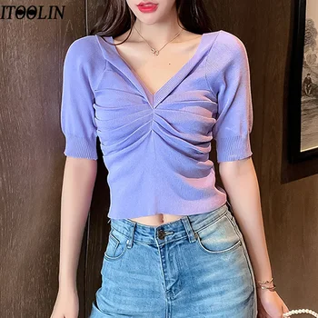ITOOLIN Short Sleeve Knitted Blouse Women Solid Drawstring Pleated High Street Tops 2020 Summer Tops V-neck Slimming Shirts
ITOOLIN Short Sleeve Knitted Blouse Women Solid Drawstring Pleated High Street Tops 2020 Summer Tops V-neck Slimming Shirts