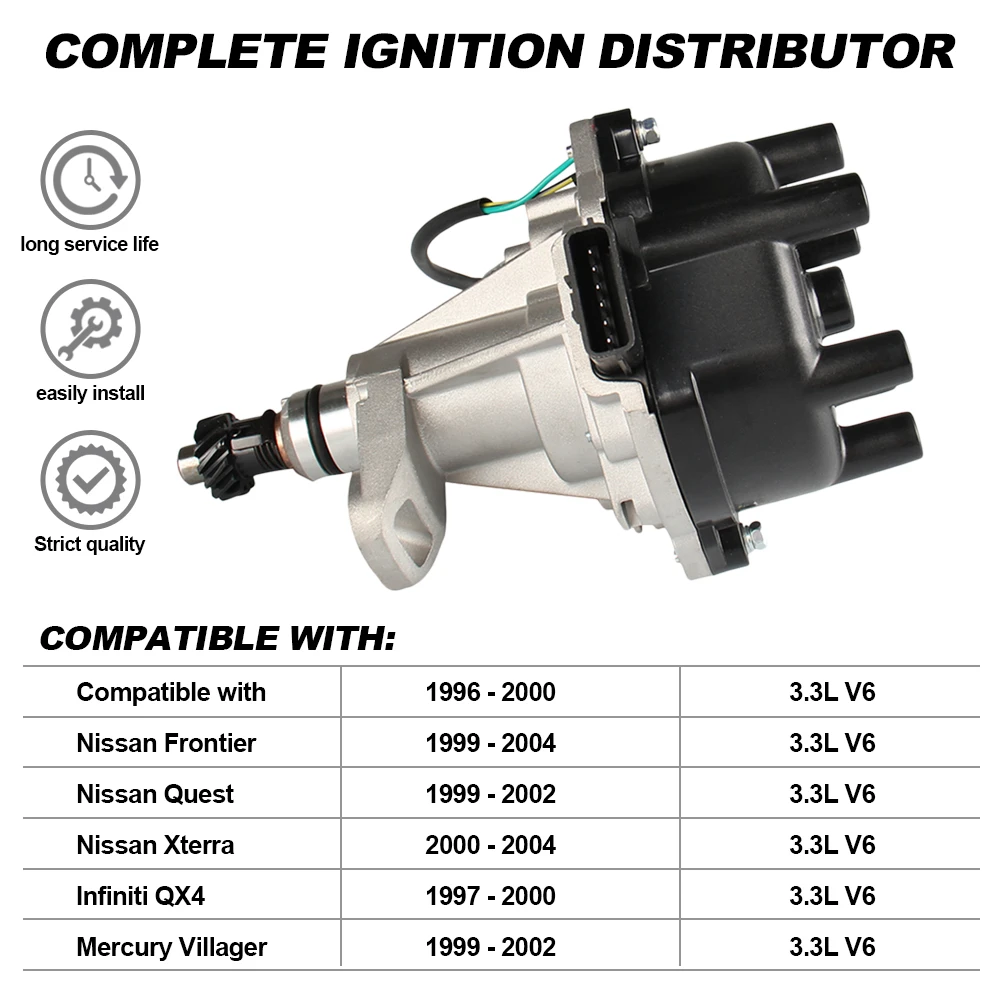 Ignition Distributor with Cap and Rotor for Nissan Pathfinder Frontier Xterra Quest 1996-2004 3.3L 6V 22100 Repalcement
Ignition Distributor with Cap and Rotor for Nissan Pathfinder Frontier Xterra Quest 1996-2004 3.3L 6V 22100 Repalcement