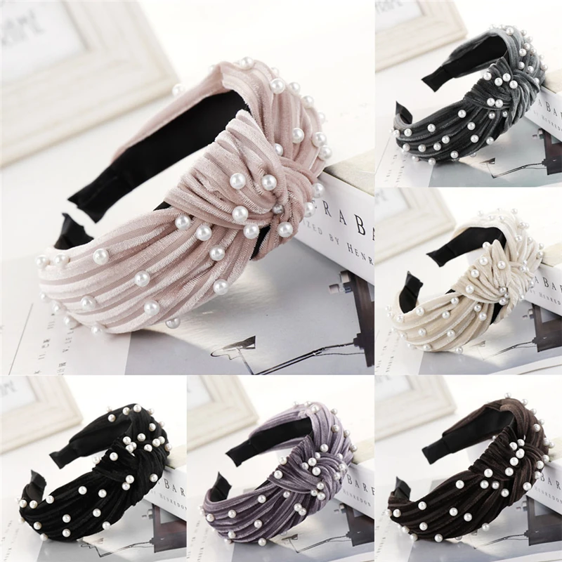 Bohemian Pearl Velvet Braided Headband For Women Rhinestone Knot Hairband Turban Handmade Padded Crown Accessories 1111