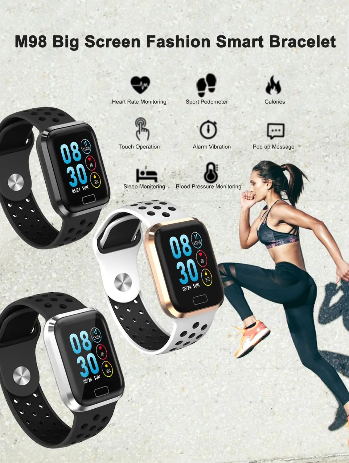 Big Screen Fashion Realtime HR and Blood Pressure Oxygen Monitor Music bluetooth Camera Remote Control Smart Watch M98
Big Screen Fashion Realtime HR and Blood Pressure Oxygen Monitor Music bluetooth Camera Remote Control Smart Watch M98