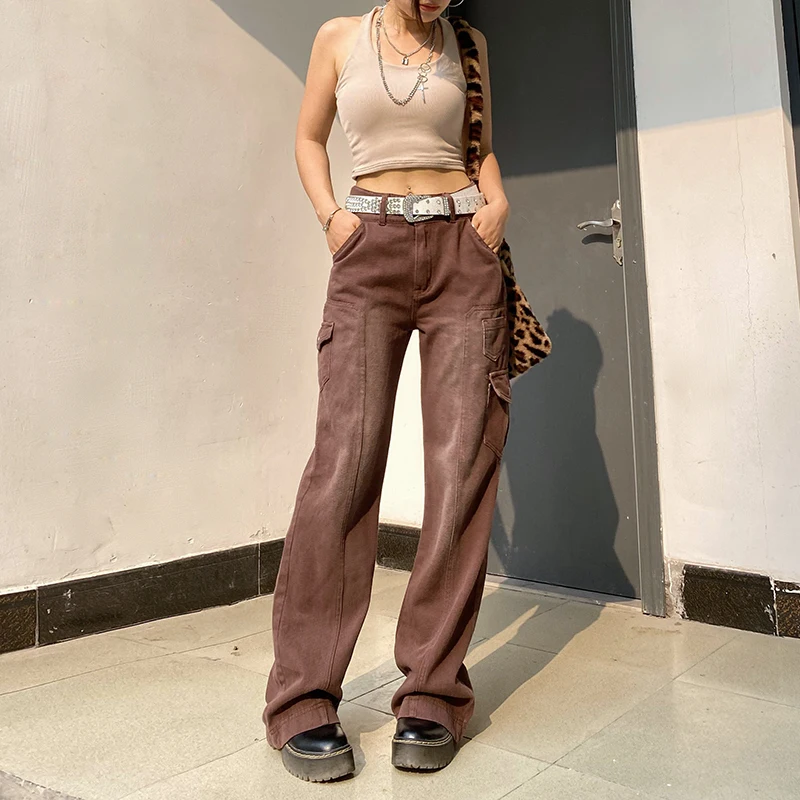 Details of (Dark Brown)HEYounGIRL Boyfriend Vintage High WaistJeans For Women  Harajuku Casual Baggy Pants Capris Pockets Blue Denim Trousers Autumn ACU