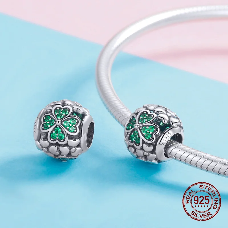 

Green zircon clover round beads fit original Pandora bracelet charm for women jewelry making girlfriend gift 925 sterling silver