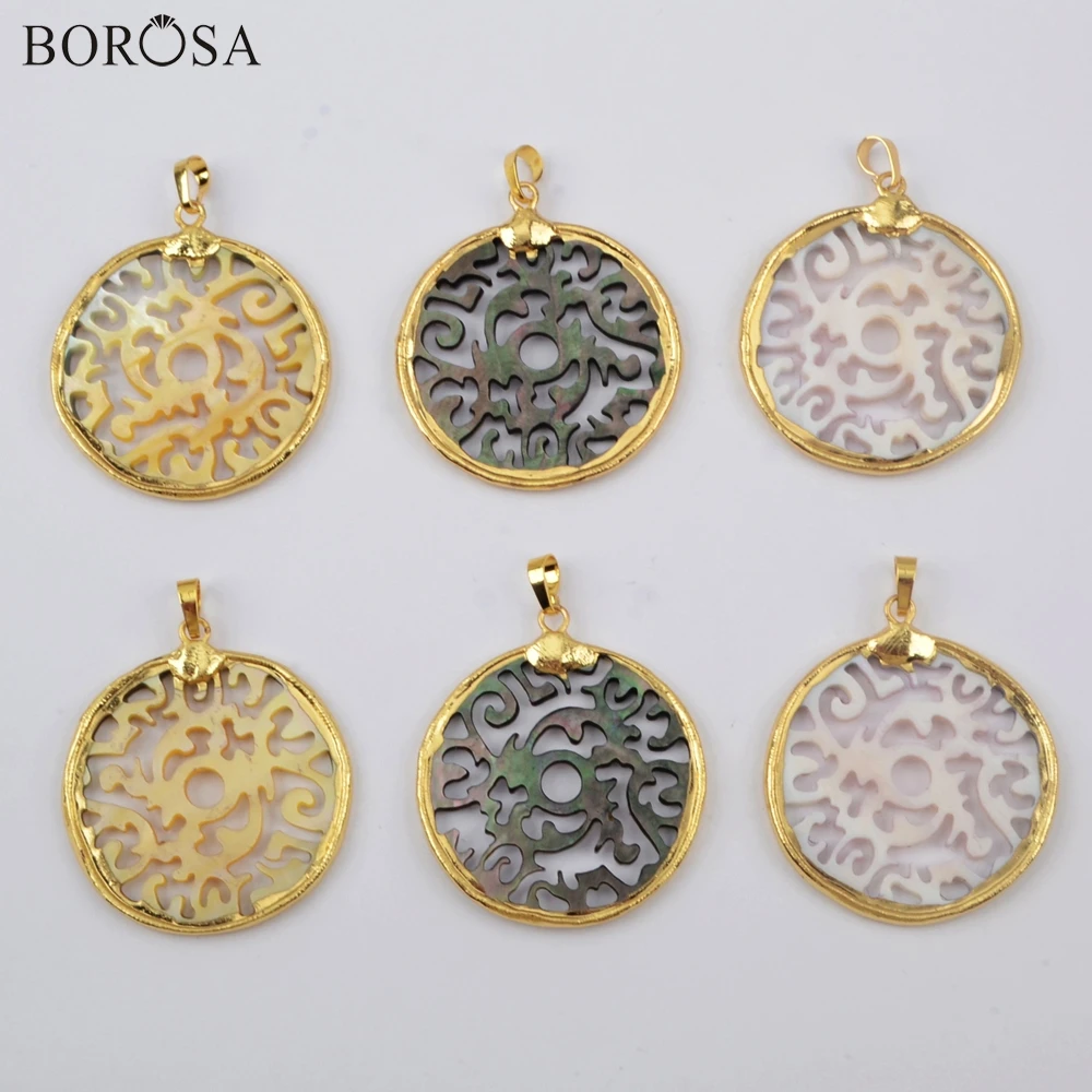 BOROSA Design 10Pcs Gold Trim Carved Round Rainbow Shell Pendant Jewelry Hollow Pattern Sea Shell Jewelry for Earrings G1907 
BOROSA Design 10Pcs Gold Trim Carved Round Rainbow Shell Pendant Jewelry Hollow Pattern Sea Shell Jewelry for Earrings G1907