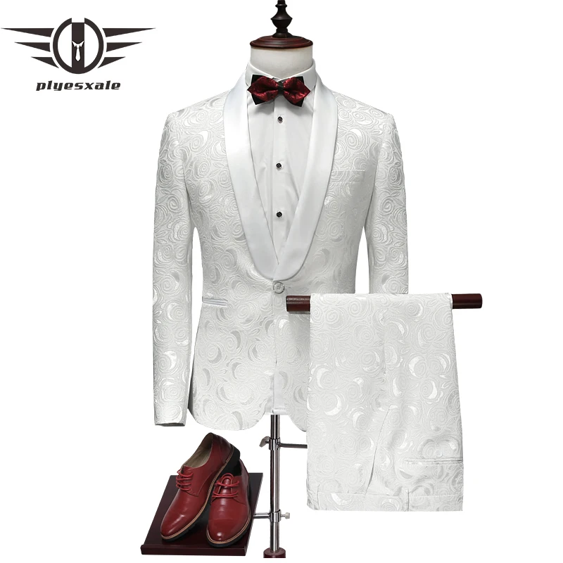 Plyesxale Suit Men 2021 Latest Coat Pant Designs White Wedding Tuxedos For Slim Fit Mens Printed Suits Brand Clothing Q315 | Мужская