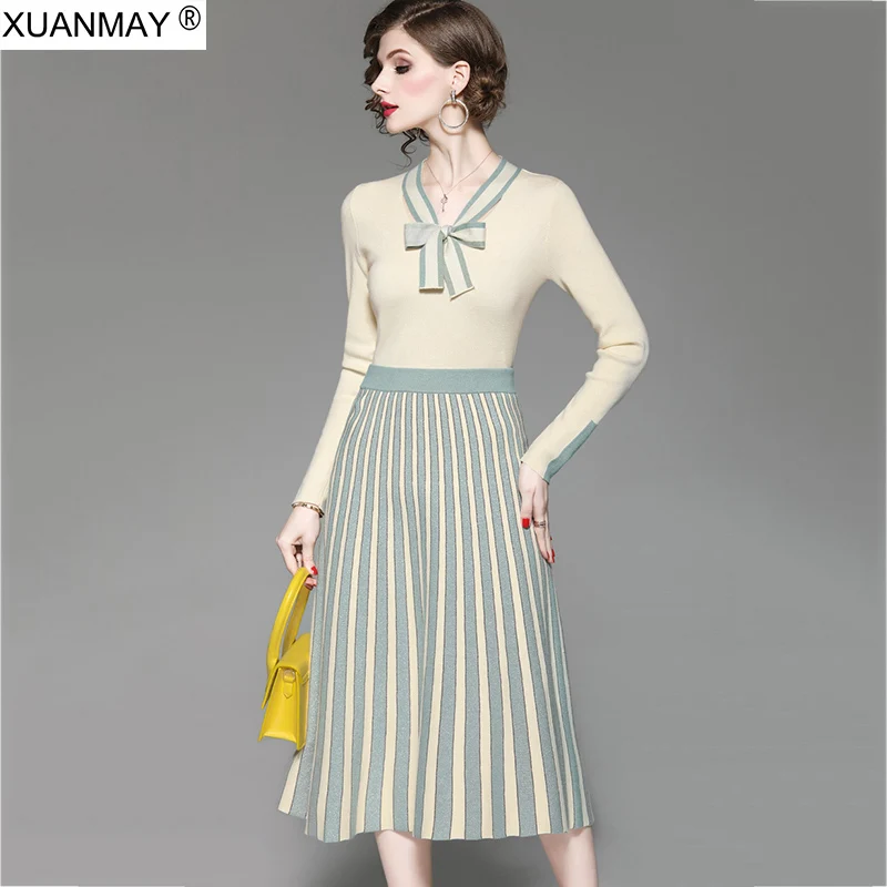 Runway Stylish knitting long-sleeve wave patterns sweater+mini skirt suit autumn