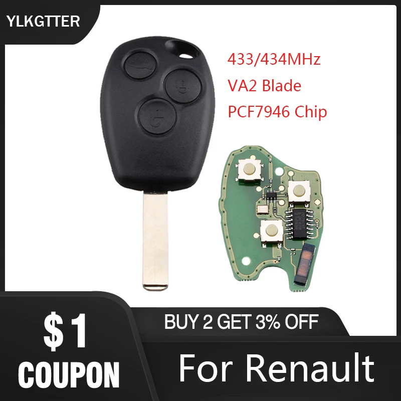 YLKGTTER 3 Button Remote Car Key Suit for Renault Clio Scenic Kangoo Megane with 433/434MHz PCF7946 Chip & Uncut DIY VA2 Blade
YLKGTTER 3 Button Remote Car Key Suit for Renault Clio Scenic Kangoo Megane with 433/434MHz PCF7946 Chip & Uncut DIY VA2 Blade