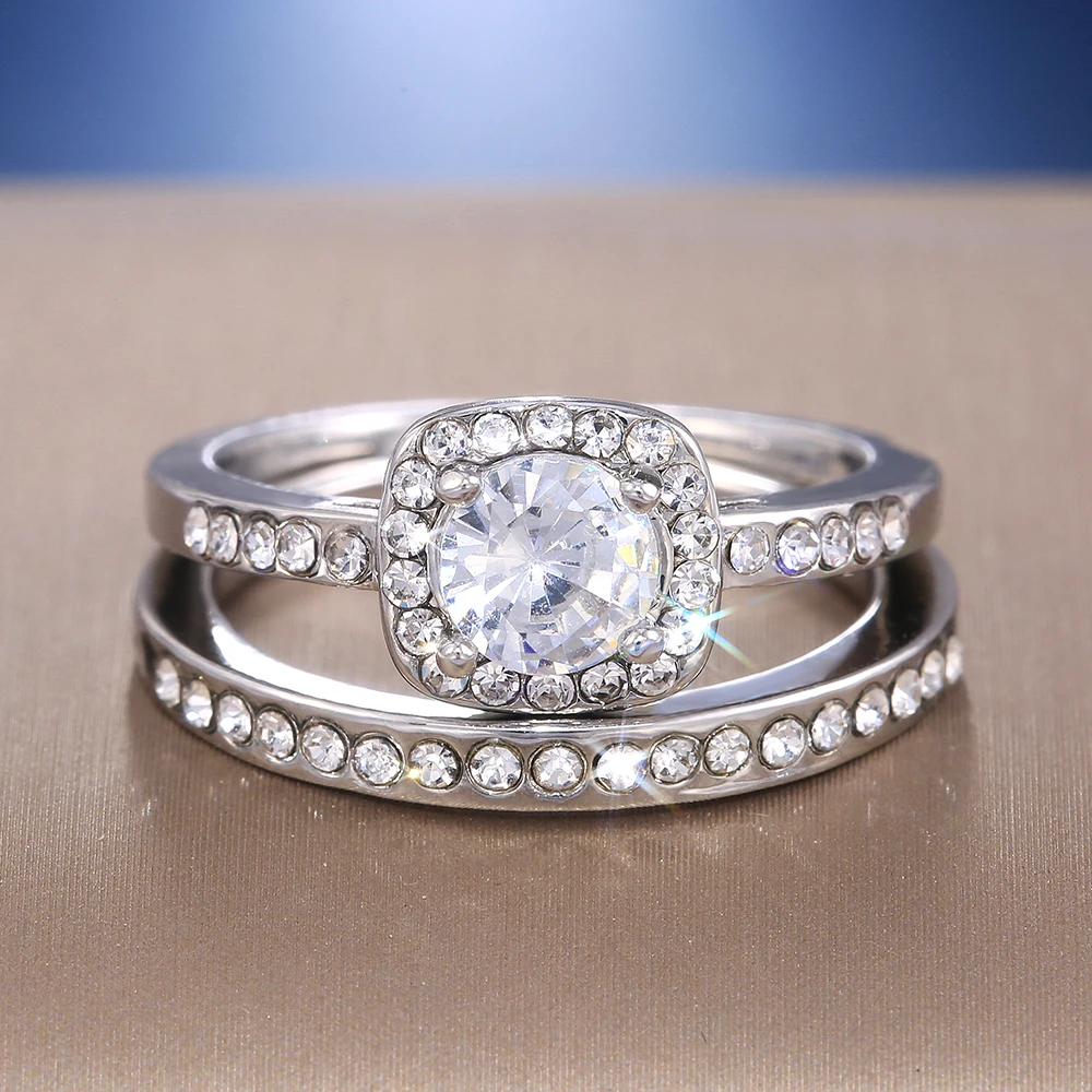 Huitan 2 шт. свадебное кольцо с круглым блестящим кубическим цирконием в форме зубца