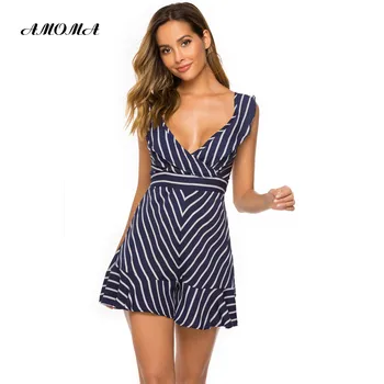 AMOMA Beach Women Diagonal Stripe Navy Blue Ruffled Strappy Beach Romper Flounce Boot Cut Playsuit Jumpsuit Back Cross Bowknot