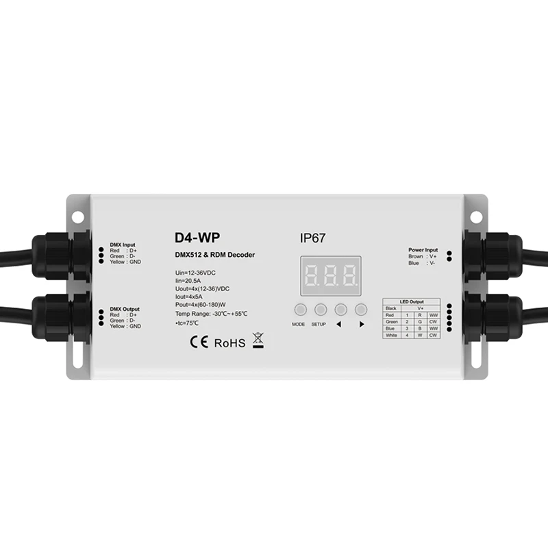 D4-WP Waterproof IP67 DMX512 RDM Decoder DC12V~36V 4CH*5A CV RDM DMX RGB/RGBW Decoder Controllerwith Digital display
D4-WP Waterproof IP67 DMX512 RDM Decoder DC12V~36V 4CH*5A CV RDM DMX RGB/RGBW Decoder Controllerwith Digital display